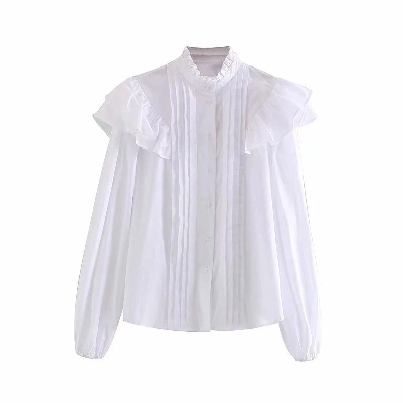 Fashion za 2019 ruffles white blouse pleated autumn stand collar long sleeve women shirt casual female chic tosps mujer | Женская одежда