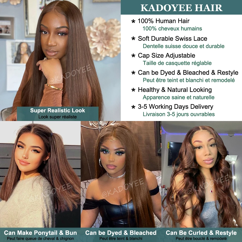 Straight Human Hair Wigs For Women Brown Color Straight 4X4 Lace Closure wig pre plucked 13x1 Part Lace Wig Brazillian wigs Remy