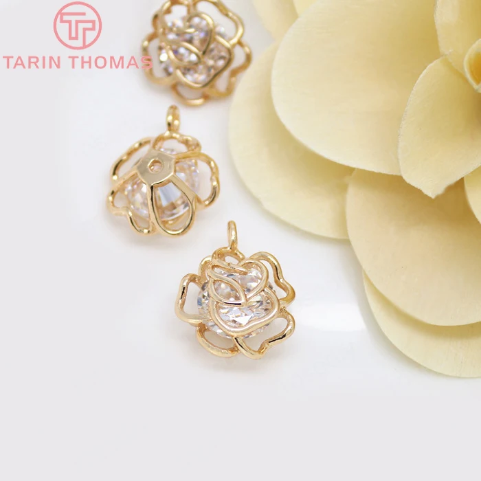 Латунные подвески с покрытием 24 каратным золотом и Розовыми Фианитами 2 шт. 15 х19