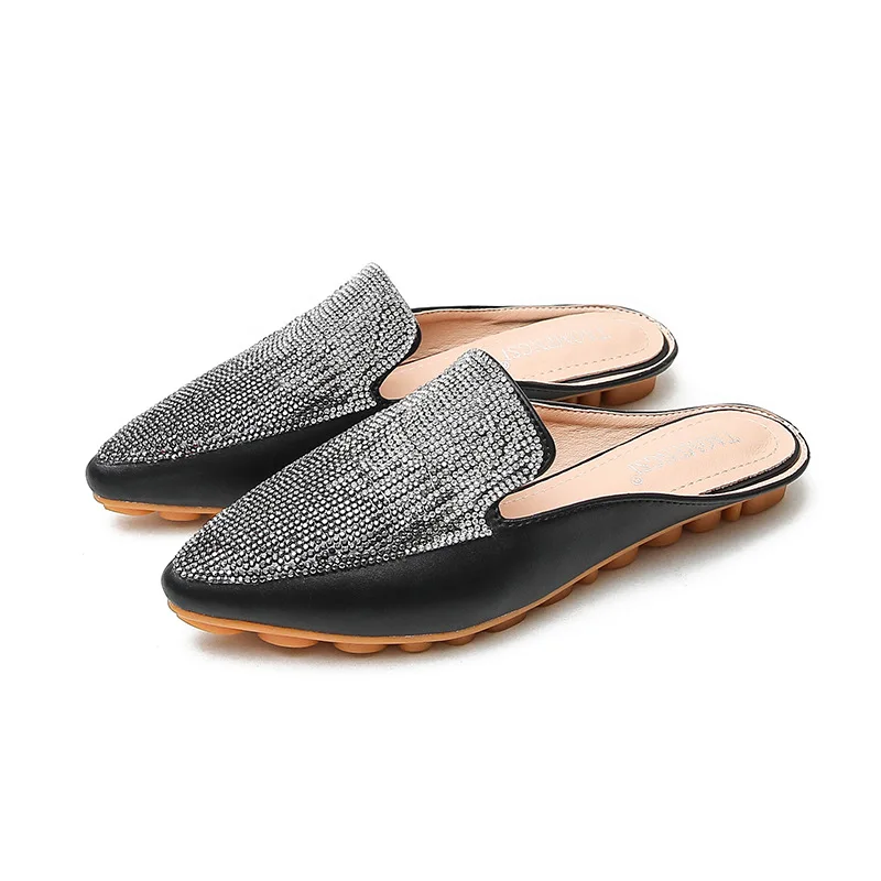 

Pointed Toe Mules Women Flats Slippers Shallow Slides Crystal Slip on Shoes Flat Loafers Fashion Sandalias Mujer Black White
