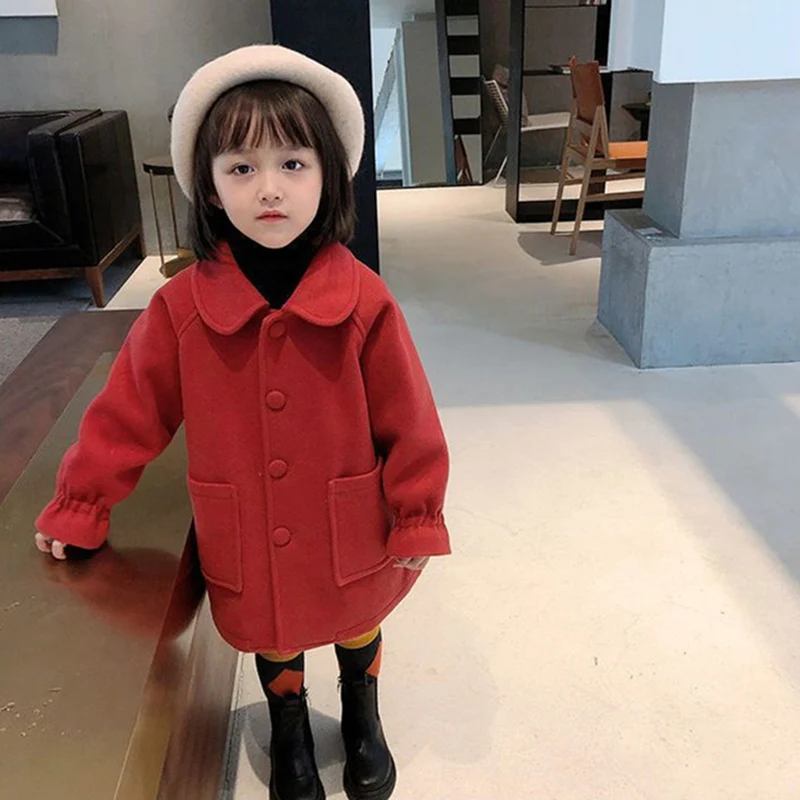 

Girls Woolen Coat Jacket Cotton Outwear 2022 Red Warm Thicken Plus Velvet Winter Teenager Furs School Children's Clothes