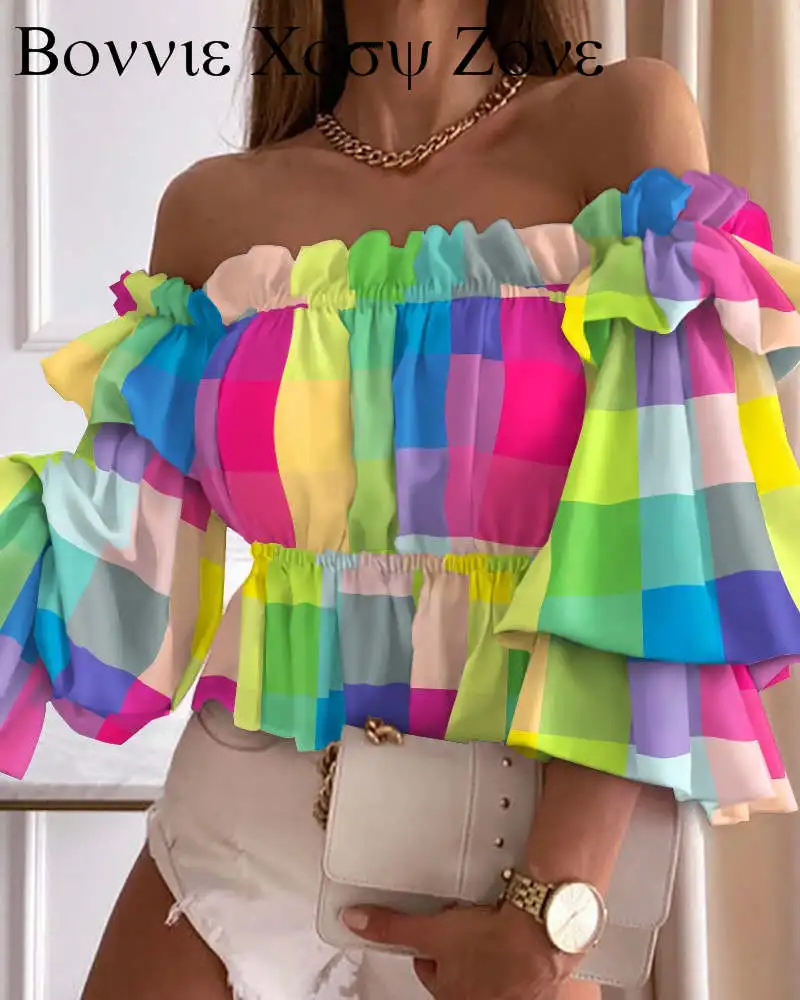 

Colorful Plaid Off Shoulder Frill Hem Top 2021 Elegant Femme Puff Sleeve Corset Blouse Lady Outfits y2k Tunics
