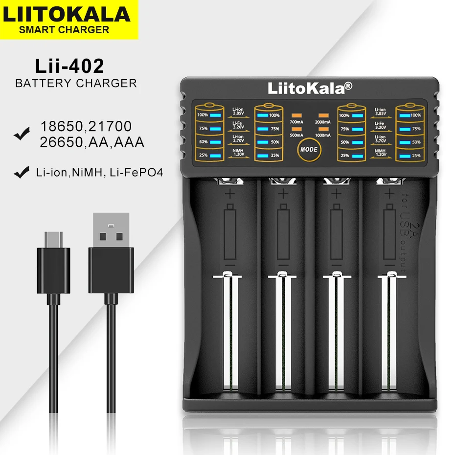 

Liitokala Lii-402 18650 3.7V 3.2V LiFePO4 3.85V 26650 20700 14500 21700 25500 1.2V NiMH Lithium Rechargeable Battery Charger