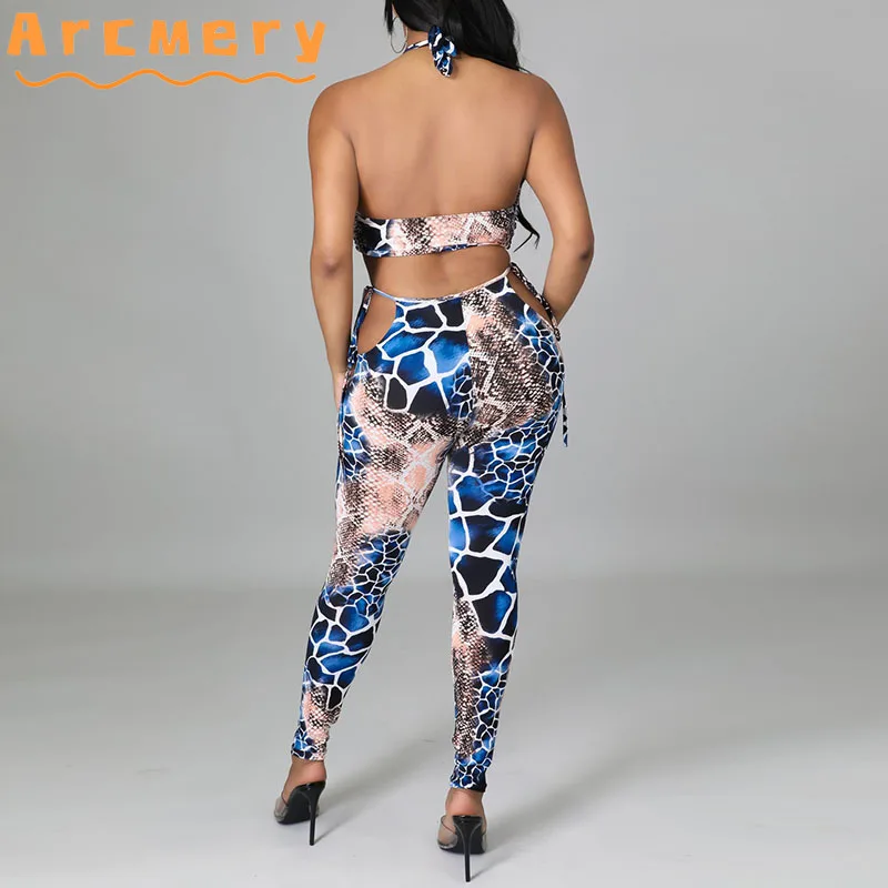

Two Pieces Sets Women Snake Printed Halter Top & Bodycon Pants