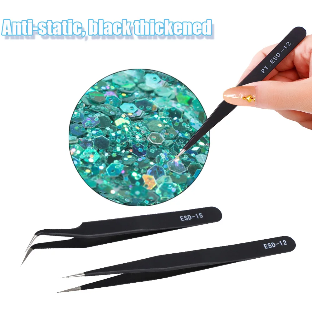 

1Pcs Anti-Static Straight/Curved Tweezers Black Stainless Steel Pliers Picking Rhinestones Precision Pointed Elbow Nippers Tool