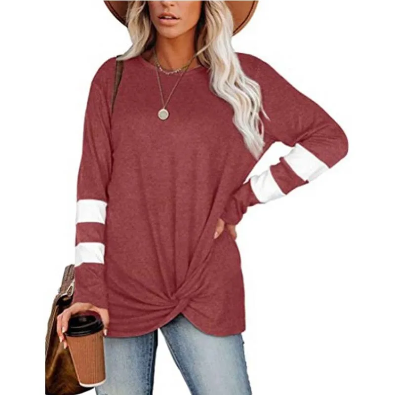 

Casual Women Solid Color Long Sleeve T Shirts Summer O-neck Loose Fashion Elegant Street Plus Size Ladies Stripe Tee Shirt