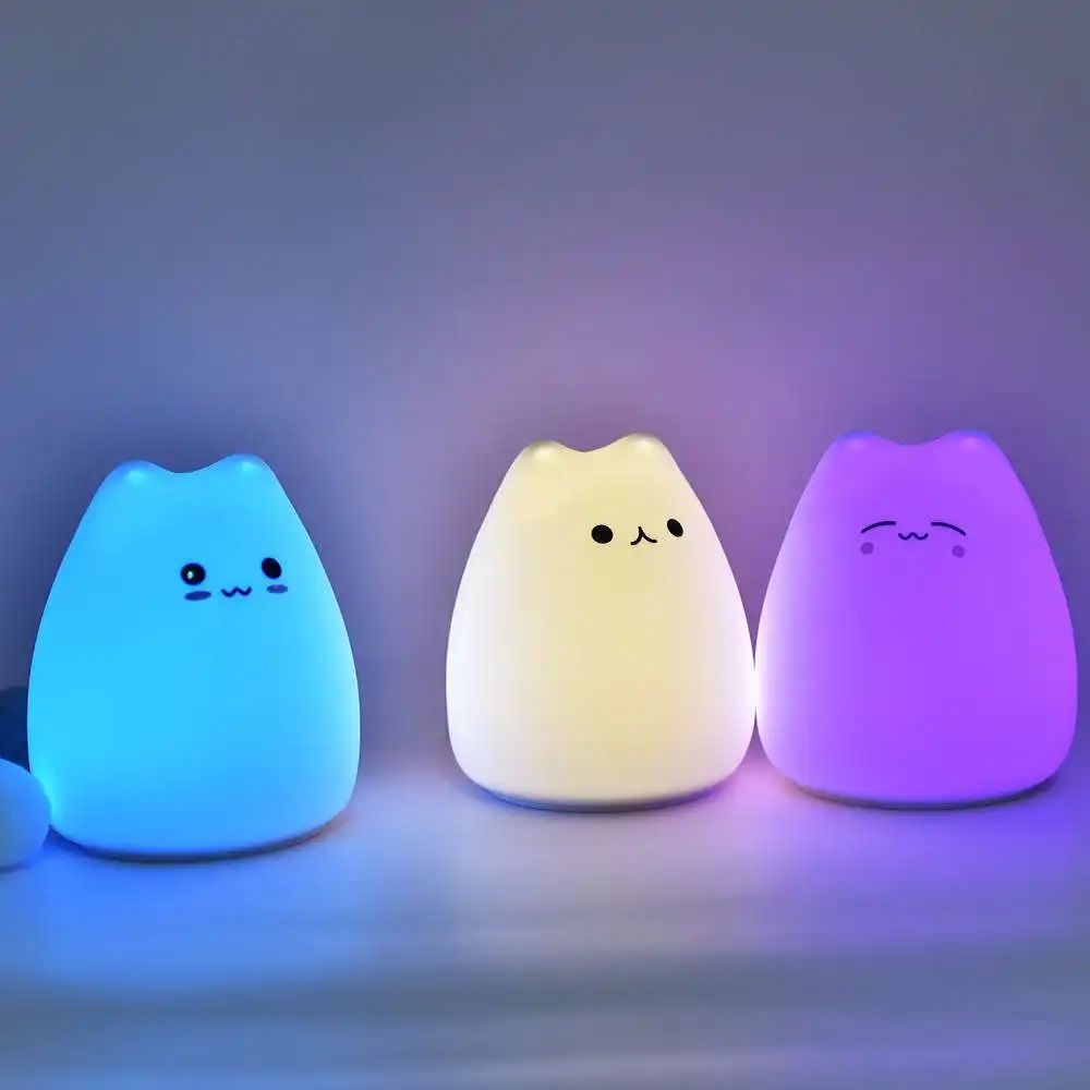

LED Cute Cat Night Light Colorful Battery Silicone Soft Kid Bedside Decorate Light Baby Nursery Cartoon Lamp for Children Gift