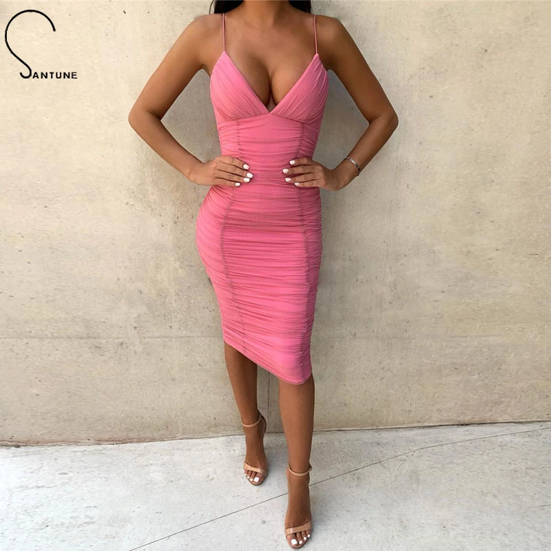 Santune 2020 Розовое платье с глубоким V-образным вырезом на тонких бретелях, сексуальное, однотонное, облегающее, глубоко открытое на спине, летнее, для ночного клуба, короткое, женское вечернее платье.