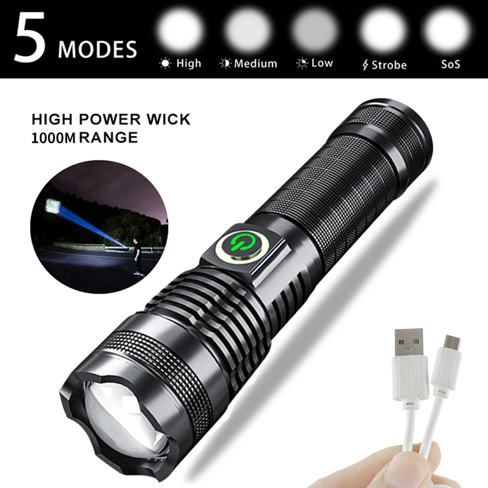

5000mAh Powerful Flashlight XHP160.2 LED XHP50.2 Waterproof IPX6 Zoom Torch 5Modes USB Rechargeable Lamp Use 18650/26650 Battery