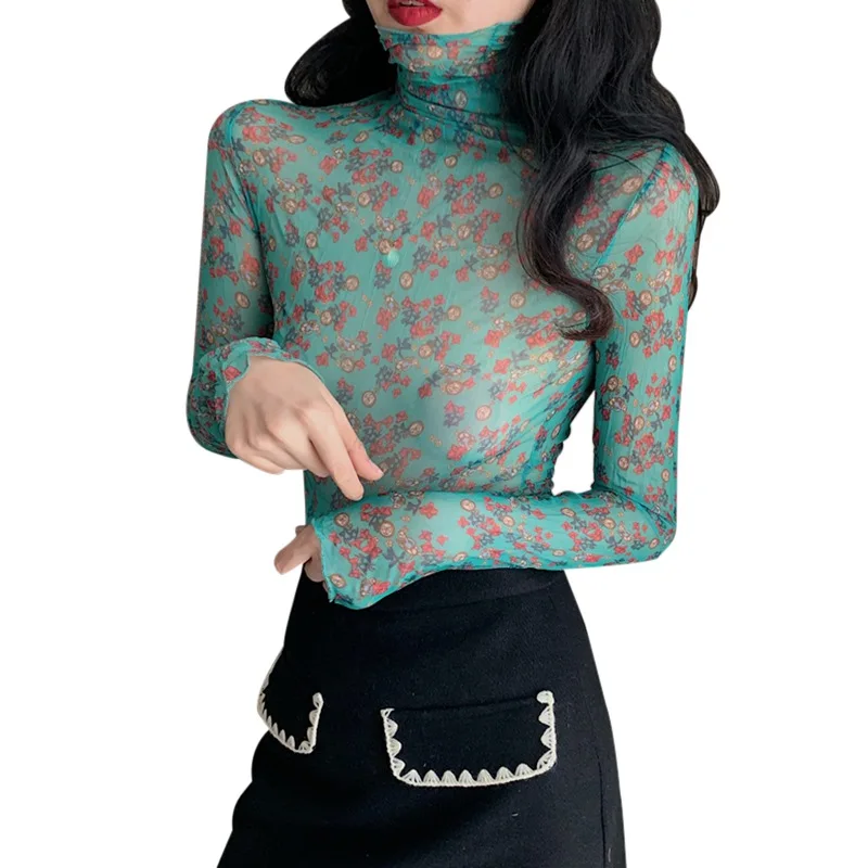 

2020 Women's Perspective Bottoming Shirt Turtleneck Sexy Long-sleeved Spring See Through Ladies Floral Mesh Blouses Tops