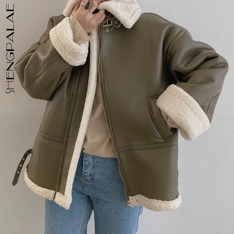 

SHENGPALAE модная уличная куртка в стиле пэчворк для женщин зима 2021 Новинка воротник-стойка Свободное пальто на молнии с длинным рукавом из иску...