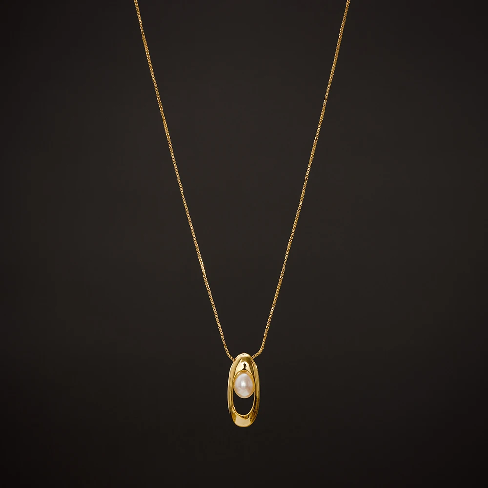 

Jaeeyin 2020 Fashion Gold Color Generous Teardrop Oval Pendant Box Chain White Freshwater Pearl Jewelry Gift Women Girl