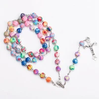 colorful vintage gifts prayer christian rosary necklace maria center round bead cross religious chain jewelry