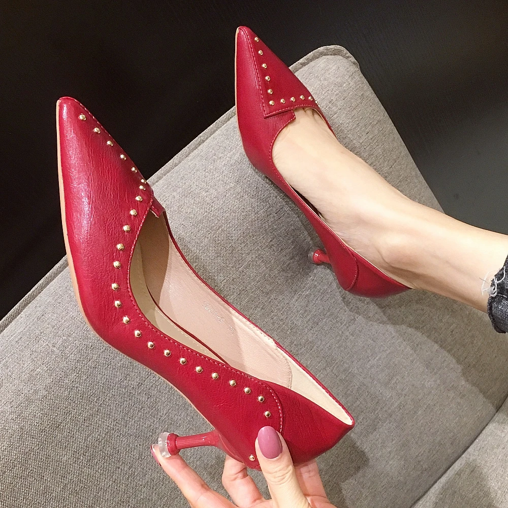 Women Pumps 2020 Brand Spring High Heels Shoes Fashion Pointed Toe Rivet Female 6cm Heel Office Ladies Party Single | Обувь
