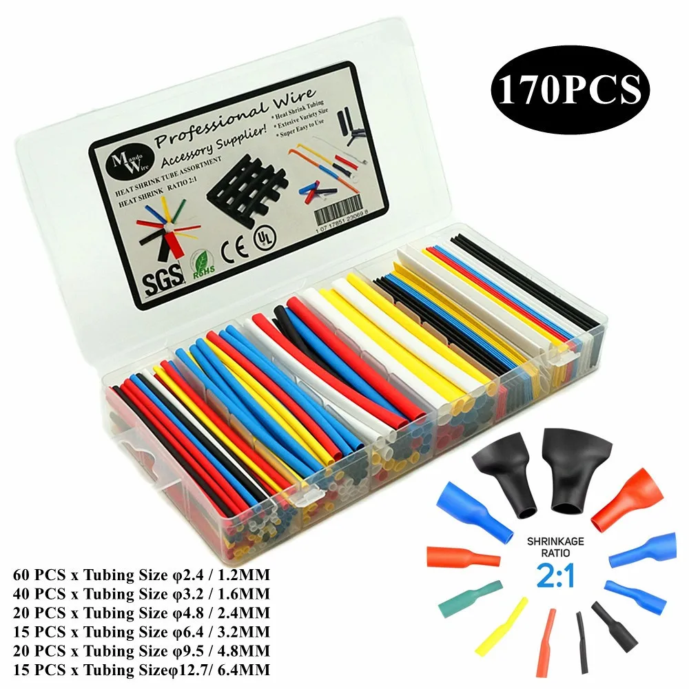

170PCS DIY Heat Shrink Tube Assorted Polyolefin Insulation Shrinkable Tube 2:1 Wire Cable Sleeve Kit Low Voltage Thermal Casing