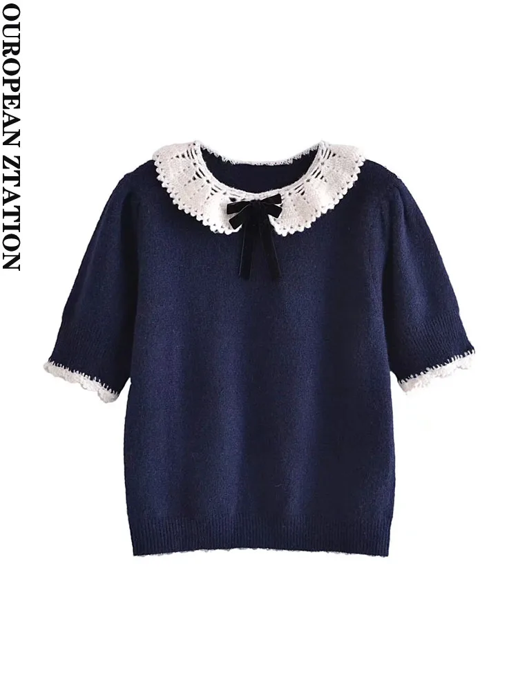 

Women 2021 za fashion with velvet bow contrast knit sweater vintage peter pan collar short sleeve female pullovers chic tops