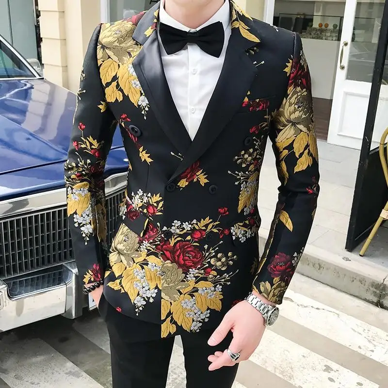 2021 Spring/autumn Fashion business double Breasted men suit jacket Black with Casual Flower Print Slim Fit Style Men Blazers