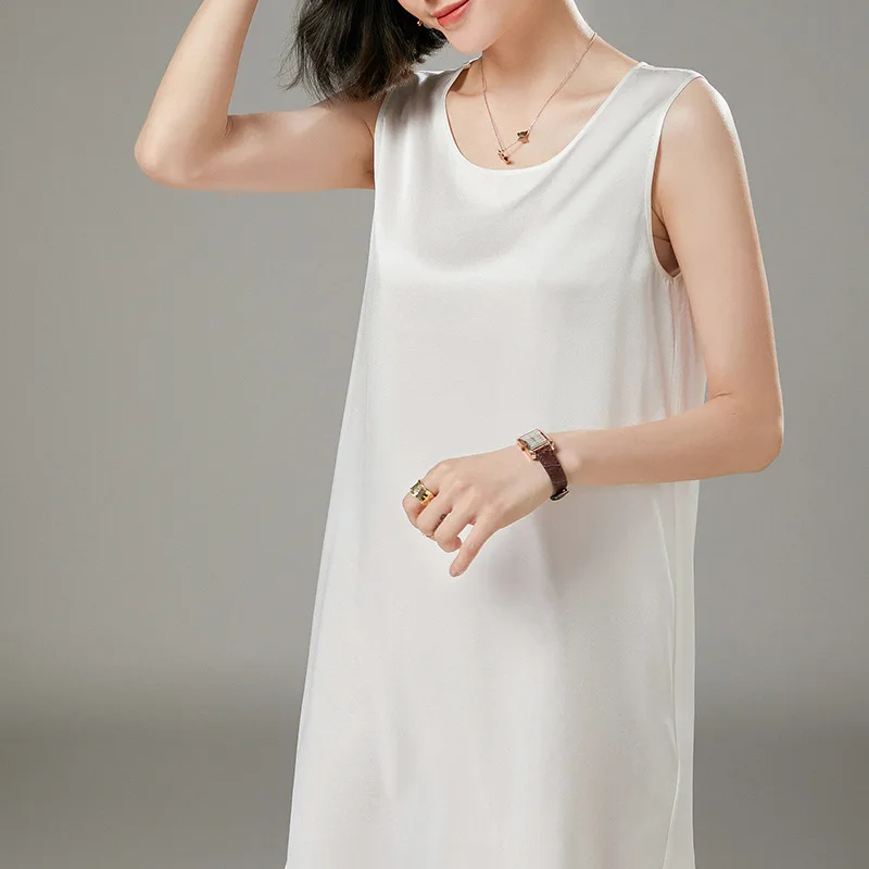 

2021 spring and summer new sleeveless white silk skirt women's mulberry silk suspender Dress Medium Length women's temperament