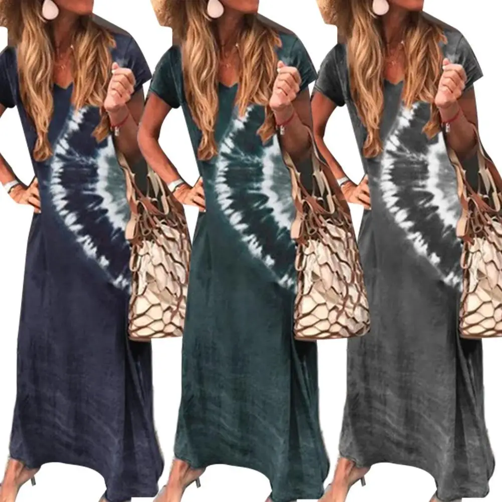 

Women Casual V Neck Short Sleeve Glare Print Large Hem Beach Loose Long Dress