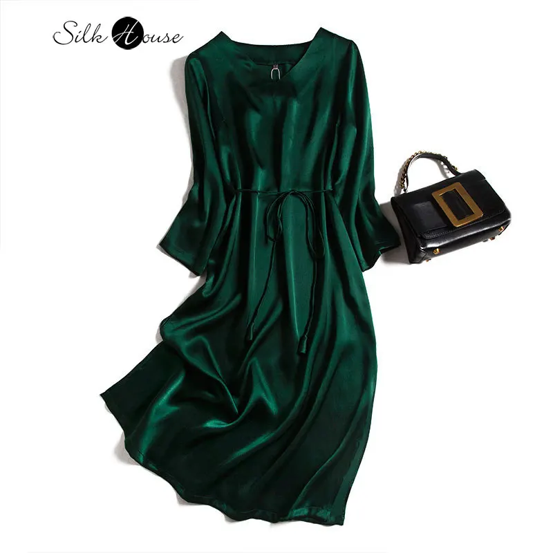 

Чернильно-зеленое роскошное платье из тяжелого шелка тутового шелкопряда, женское элегантное шелковое платье 2020, Модное новое осеннее плат...