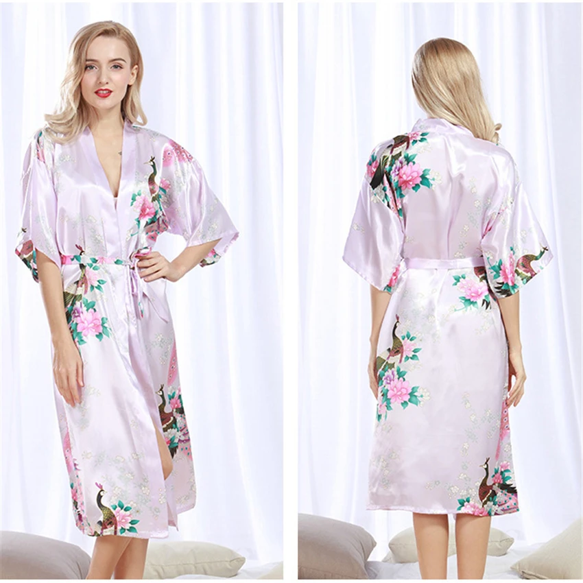 Kimono Japanese Style Women Yukata Peacock Cardigan Floral Print Costume Satin Pajamas Dress Asian Clothes Night Gown Bath Robe