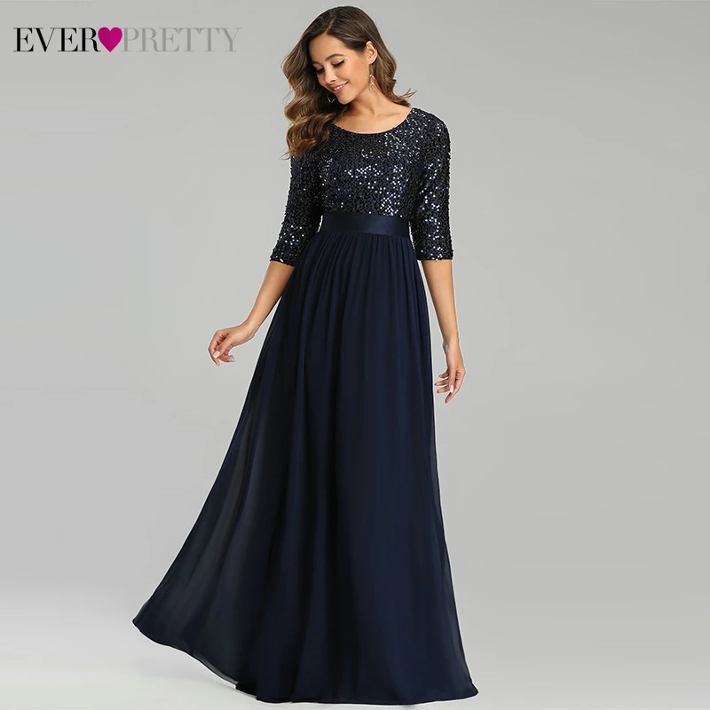 Длинные вечерние платья Ever Pretty A Line с круглым вырезом и рукавом 3/4 расшитые