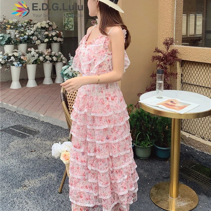 

EDGLuLu Spaghetti Strap Print Pink Floral Dress Women Backless Sexy Cascading Ruffle Long Dress Female 2021 Sweet Lady Dress0606