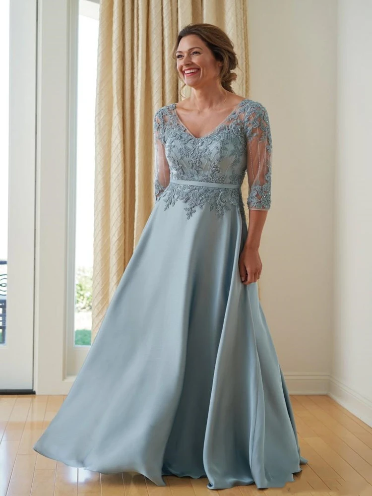 Атласные платья для матери невесты с V образным вырезом Кружевная аппликация