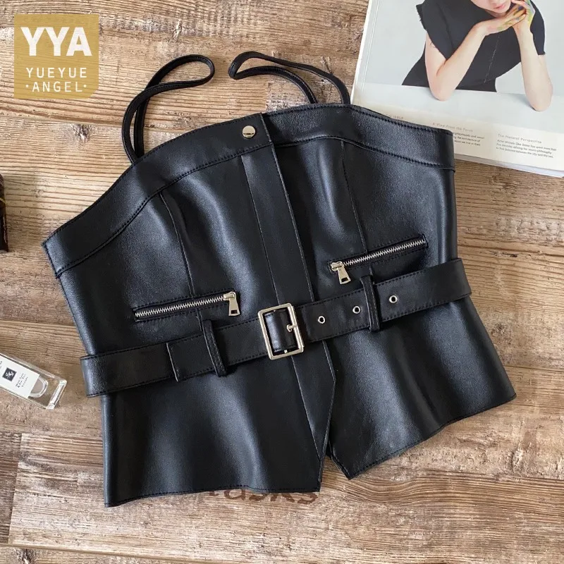 Модный женский жилет из натуральной овечьей кожи на бретелях Приталенный с