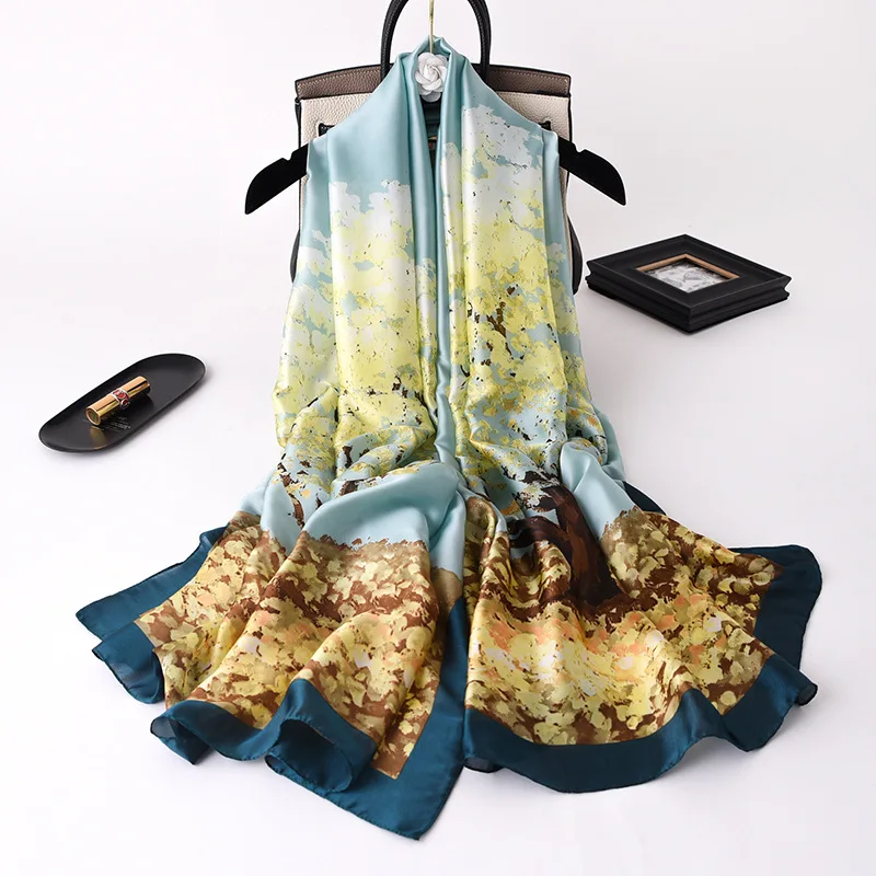 

Popular Foulard Neck Scarves Korean Designer Print Beach Towel Lady Autumn 180X90CM Silk Scarf Fashion Bandana Shawl And Wrpas