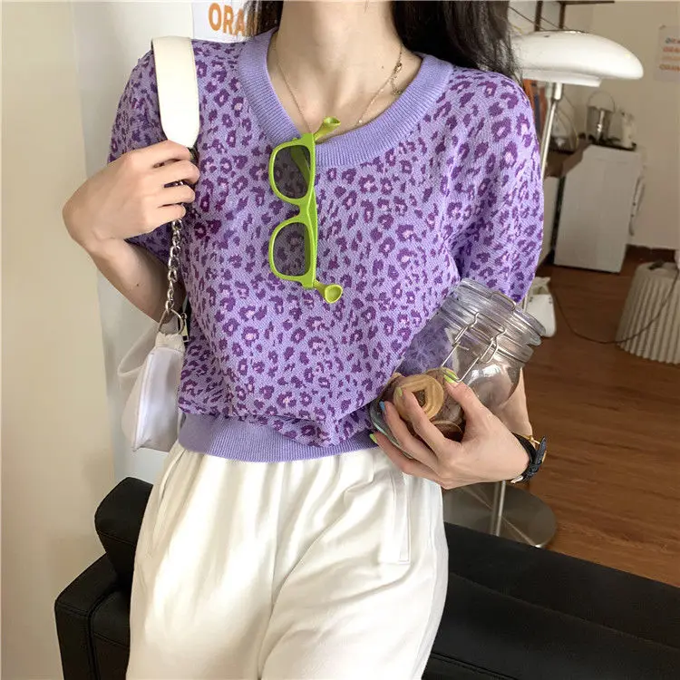 

Summer Korean chic net red leopard short T-Shirt Top loose all round neck short sleeve T-shirt women
