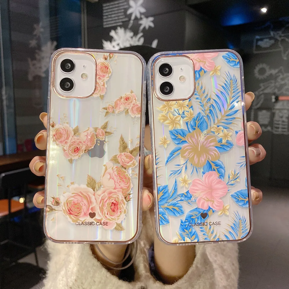 

Luxury Plating Flower Phone Case for Iphone 11 12 Pro Max Laser Transparent Shockproof Cover for Iphone 7 8 Plus X Xr Xs Max