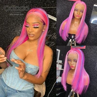 colodo remy brazilian half red ombre straight lace front wig pre plucked rainbow human hair wig with pink roots for black women
