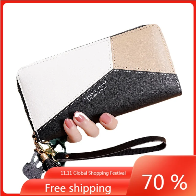 

Женский Длинный кошелек в Корейском стиле, Большой Вместительный бумажник на молнии с контрастной строчкой и кисточкой, женский клатч, бума...