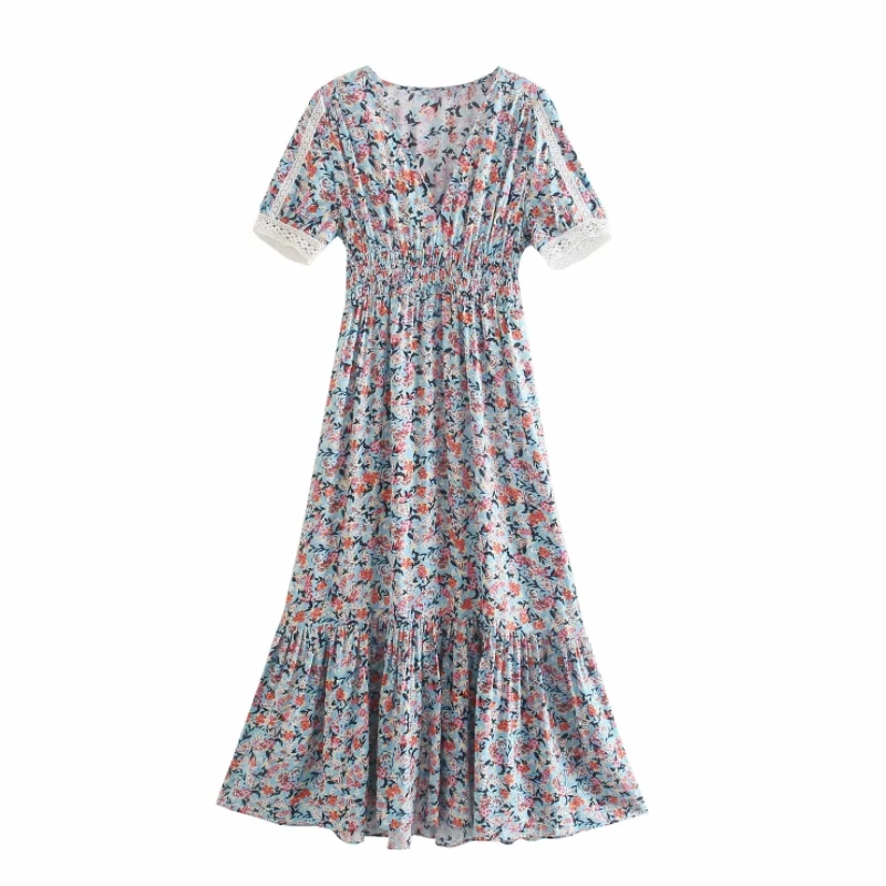 

Summer Women Flower Printing V Neck Midi Dress Female Lace Splicing Short Sleeve Clothes Casual Lady Slim Vestido D7729