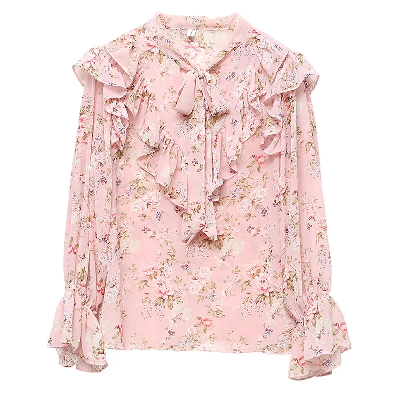 

Spring Autumn Women's Blouse New Floral Ruffled V-neck Long Sleeve Chiffon Tops Korean Printed Loose Casual Thin Tops GX222