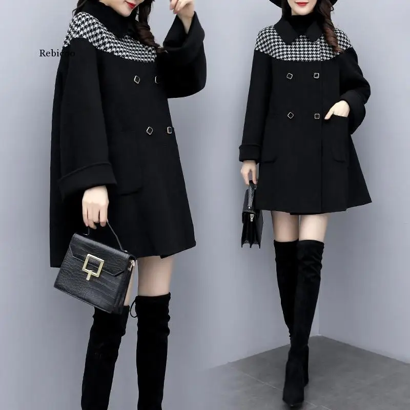 

Women Houndstooth Woolen Jacket Black Loose Autumn Winter Coat