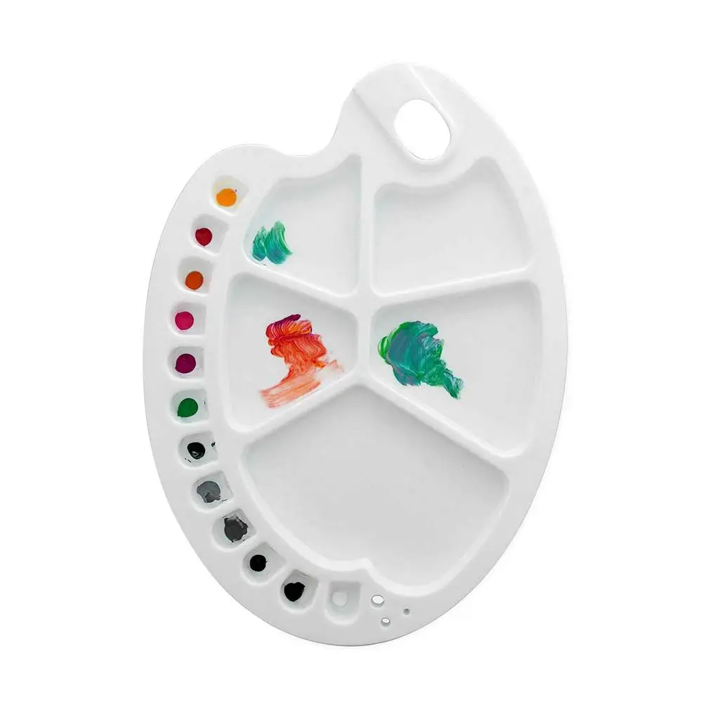 

Art Paint Trays With 17 Wells Non-Stick Oval Shaped Oil Mixing Palettes DIY Plastic Palette With Thumb Hole Comfortable To Hold