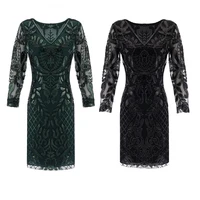 1920s Flapper Long Sleeves V-Neck Full Length Embroidered Dress Great Gatsby Fringed Sequins Dress For Prom Party Black Green