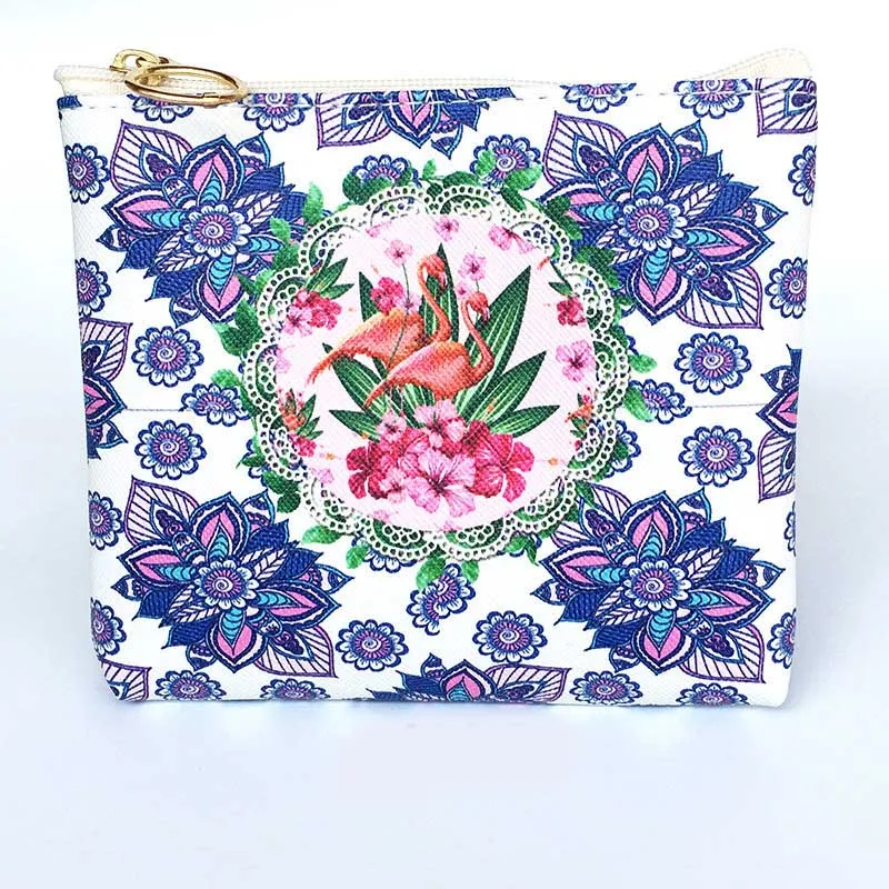New Cute Flamingos Ethnic Style Grils Coin Purse Children PU Leather Zip Change Purse Women Wallet Animal Key Card Bag Kids Gift