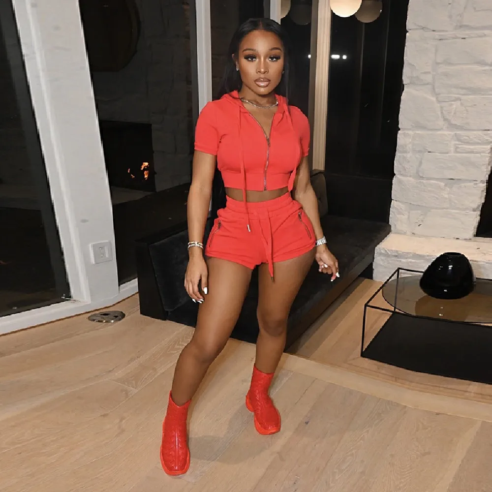 

Повседневные спортивные костюмы с капюшоном комплекты одежды для женщин из 2 предметов комплекты на молнии с коротким рукавом Топ и узкие б...