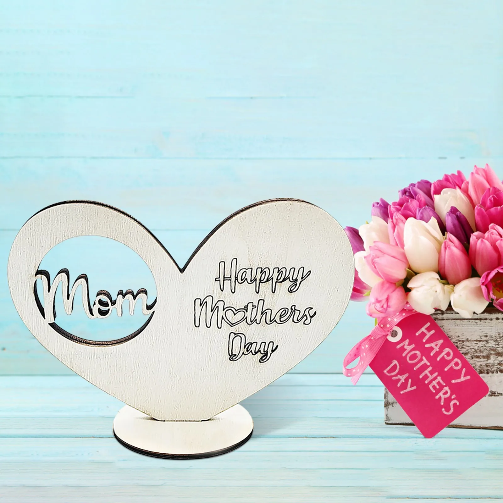 

The Letter Ornament Mother's Day Wooden Heart-shaped Hollow Ornament Woodblock Craft Birthday Gift Home Decoration Accessories