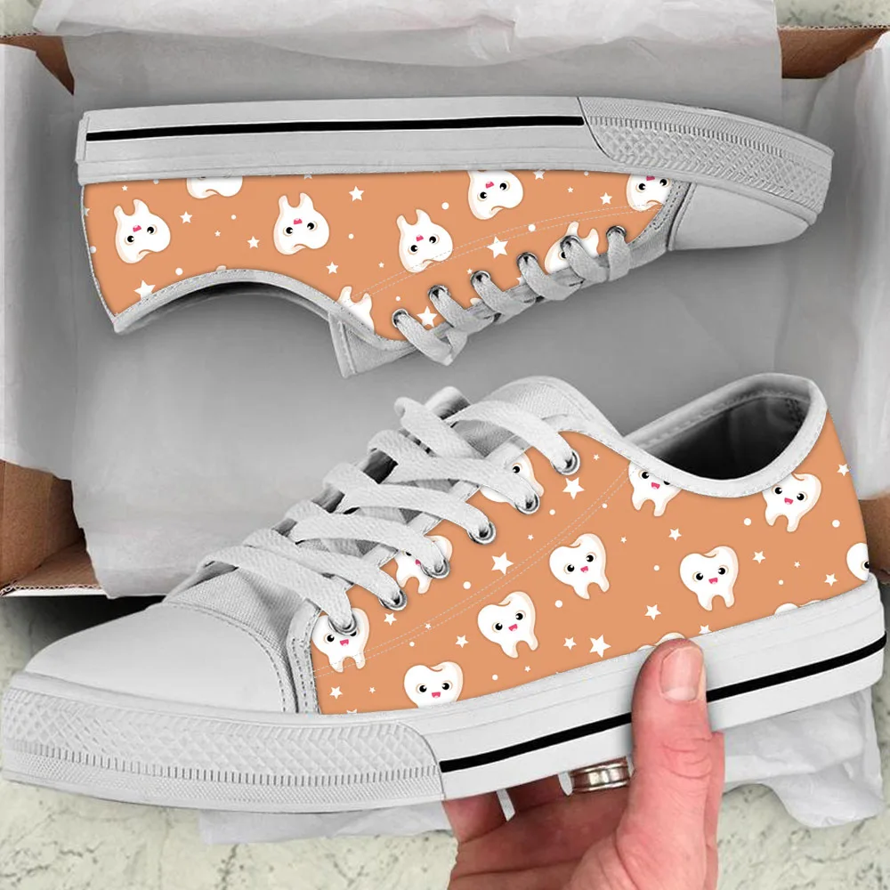 

Womens Shoes Teeth Canvas Shoes Dentist Nurse Low Cut White Canvas Casual Shoes