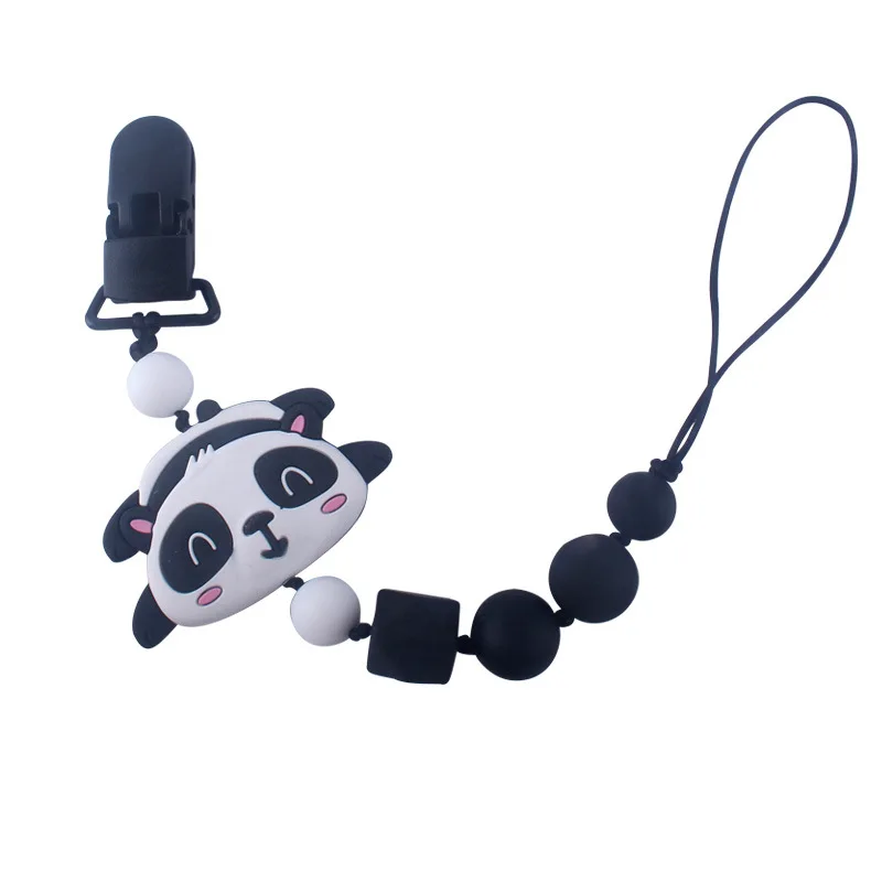 

New Baby Teether Handmade Silicone Panda Pacifier Clip Chain Holder Baby Silicone Wood Chew Beads Soother Nipple Anti-Lost Strap