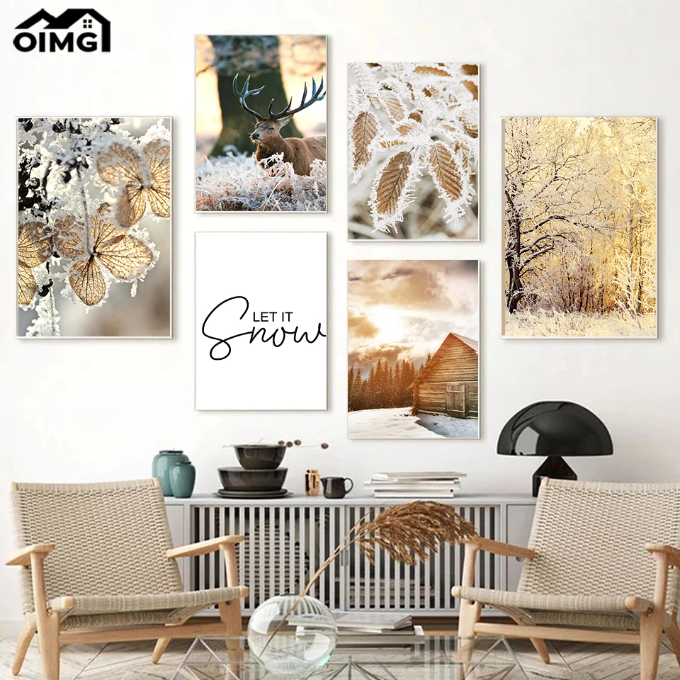 

Snowy Forest Frozen Tree Leaf Poster Sunrise Farm House Wild Deer Canvas Painting Prints Home Art Decor Wall Picture Room Decals