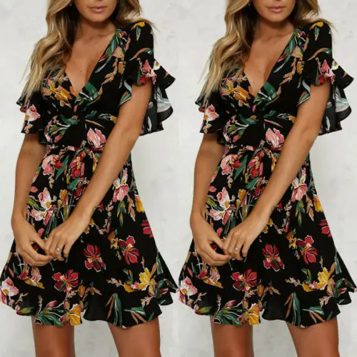 

Women Summer Boho Short Sleeve A-Line Mini Dress Ladies Summer Ruffle Flower Holiday Beach Sundress Party Vestidos