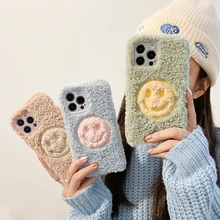 Cute Cartoon Smiley Soft Furry Phone Case For iPhone 13 12 11 Pro Max Case Winter Warm Plush Cover For 7 8 Plus X Xs Max Xr Capa
