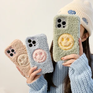cute cartoon smiley soft furry phone case for iphone 13 12 11 pro max case winter warm plush cover for 7 8 plus x xs max xr capa free global shipping