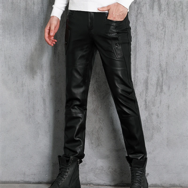 

Men Genuine Leather Pants Men's Winter Slim Fashion Sheepskin Casual Fashion Motorcycle Pants Male Locomotive Trousers 2021