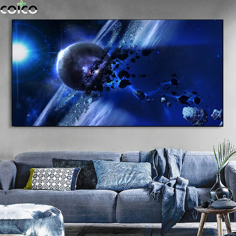 

Galaxy Planet Canvas Painting Wall Art Print Poster Space Meteorite Home Decor Dark Blue Picture for Living Room Decoration